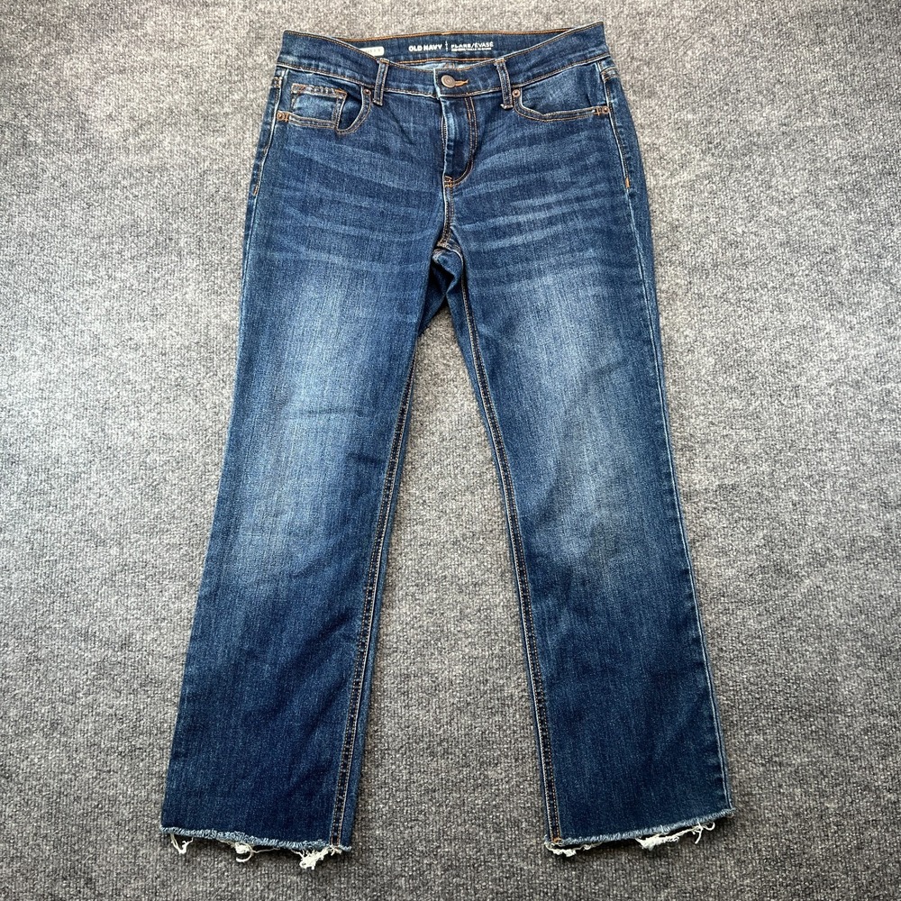 Old Navy Jeans Womens 4 Blue Denim Whiskered Stretch Mid Rise Raw Hem Flared Leg
